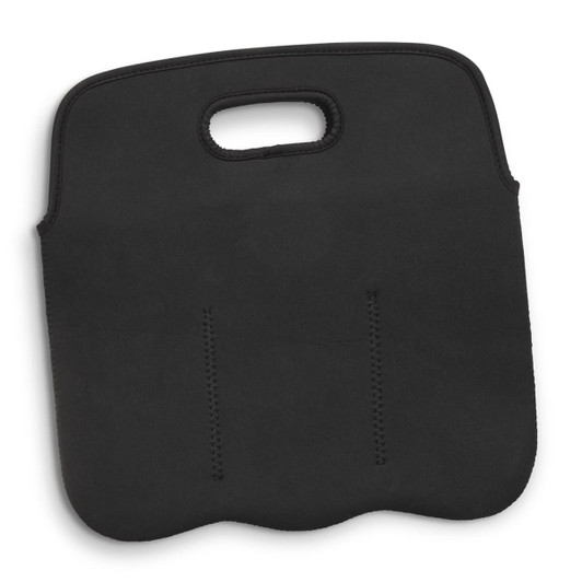 A black neoprene stubby cooler bag featuring a handle and stitched detailing. It has a smooth, flat surface.