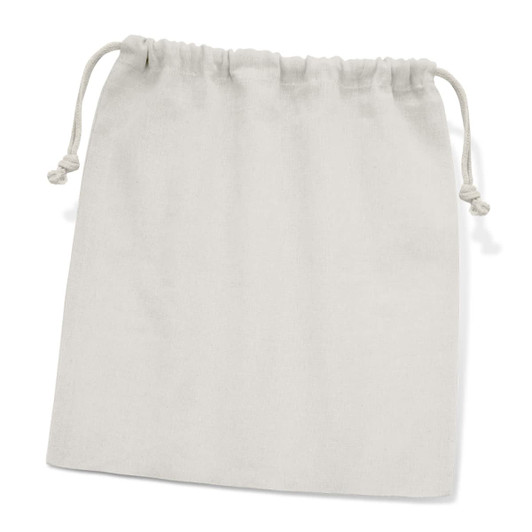 A large, natural-coloured cotton gift bag with drawstring closure, featuring a simple design and no visible branding.
