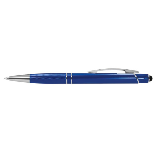 A blue stylus pen with a silver clip and a smooth finish, featuring a logo on its body.