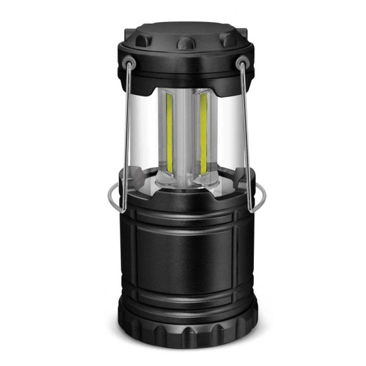 A black COB lantern with a transparent body and dual light strips, featuring a sturdy design and handle for carrying.