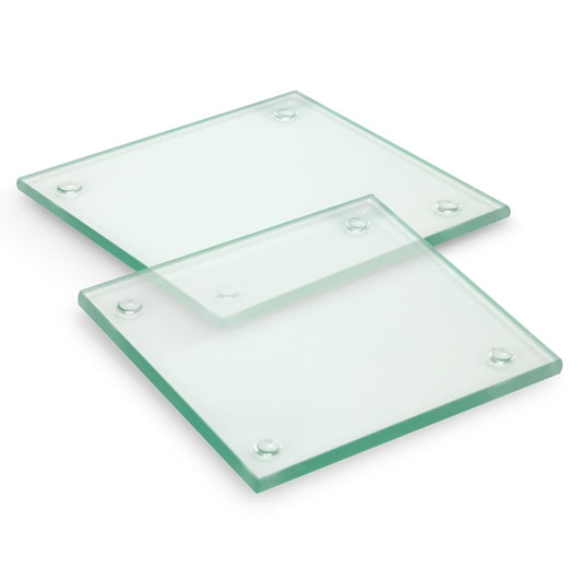 A set of two square glass coasters, featuring a clear and glossy finish with rounded corners.