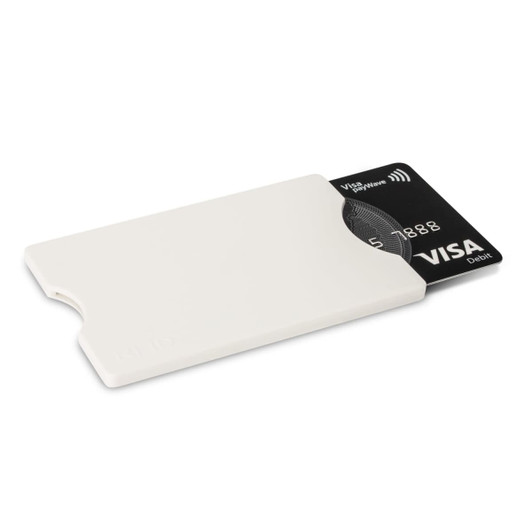 An RFID card protector in white, holding a black Visa debit card.