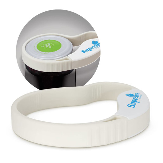 A white jar and bottle opener with a circular grip and a branding logo on the handle.