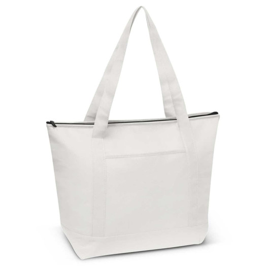 A large white cooler bag with a zip closure and two long handles. It features a front pocket and a logo.