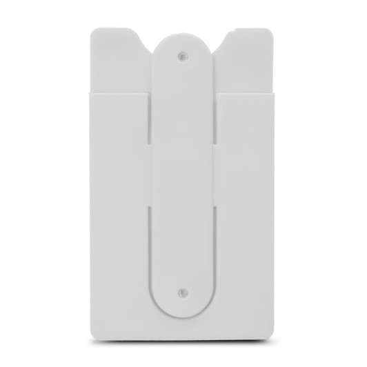 A white phone wallet with a clip at the back and two slots for cards. It features a logo on the surface.