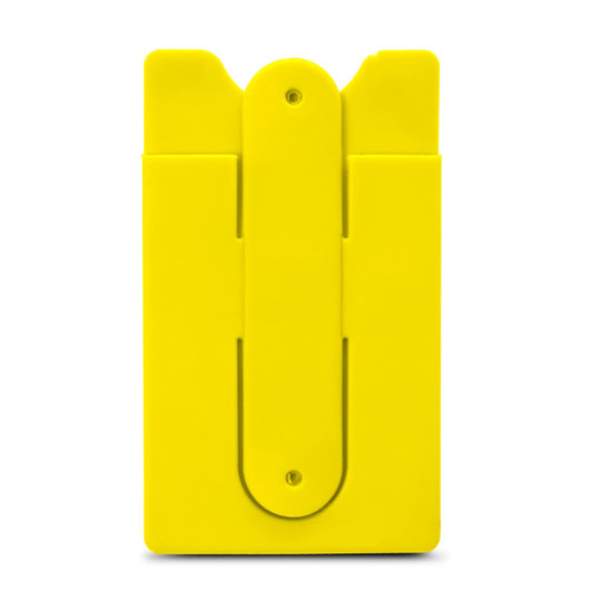 A bright yellow phone wallet with a clip design, featuring a simple and sleek shape. It includes a branding logo.