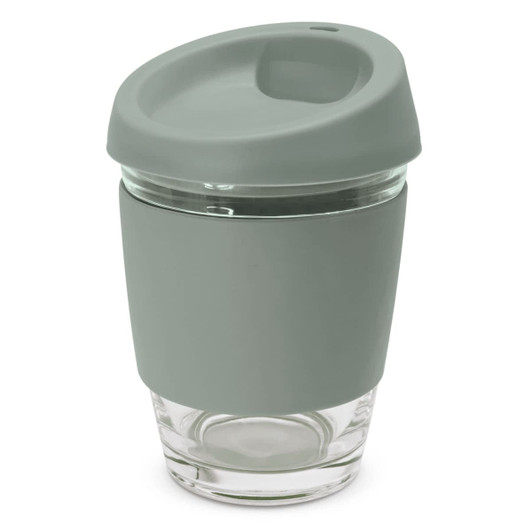 A drink bottle with a light green silicone sleeve and lid, featuring a clear glass base.