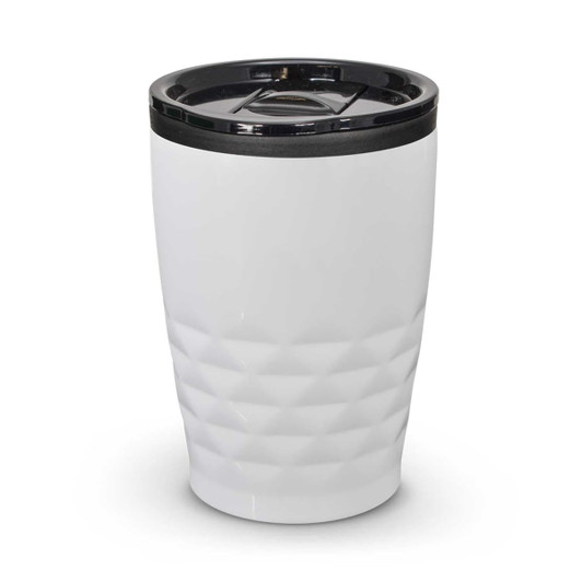 A white drink bottle with a textured design and a black lid, featuring a logo.