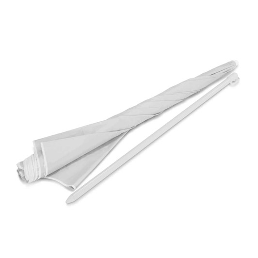 A white beach umbrella with a twisted pole, laid flat. It features a simple design without any logos.
