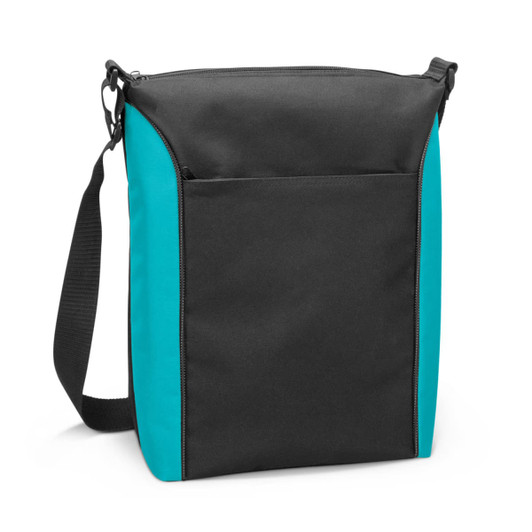 A black and teal cooler bag with a shoulder strap and front pocket, featuring a logo.