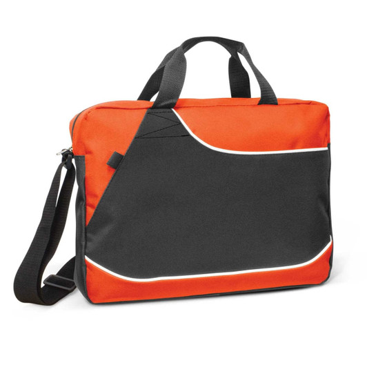 A black and orange conference satchel with a shoulder strap and top handles, featuring a logo.