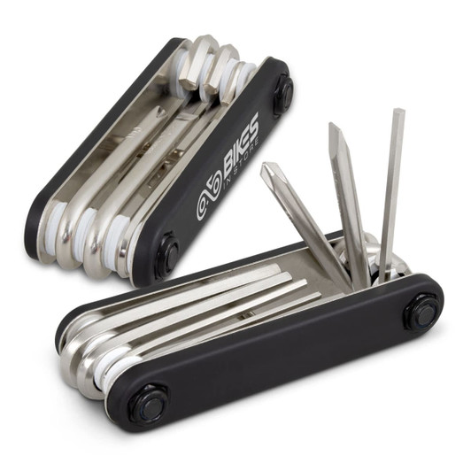 A multi-tool set in black and silver featuring various tools and a compact design, with a logo on the body.