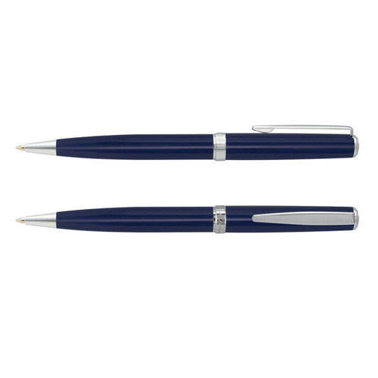 A metal pen set featuring the Pierre Cardin Calais model, displayed in a sleek navy blue color with silver accents.