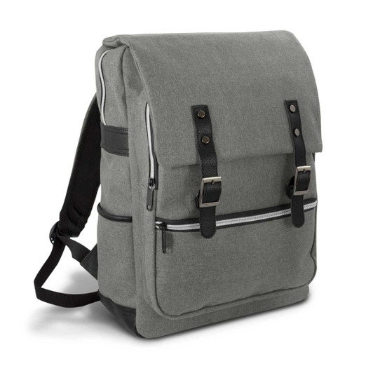 A grey backpack with a flap closure, zippers, and black accents, featuring straps and a branding logo.
