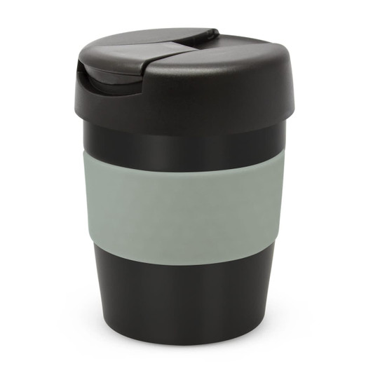 A drink bottle in black with a light green band, featuring a lid for easy sipping. It has a branding logo on the side.