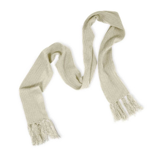 A Nebraska Cable Knit Scarf in a soft, light beige color with fringed ends.