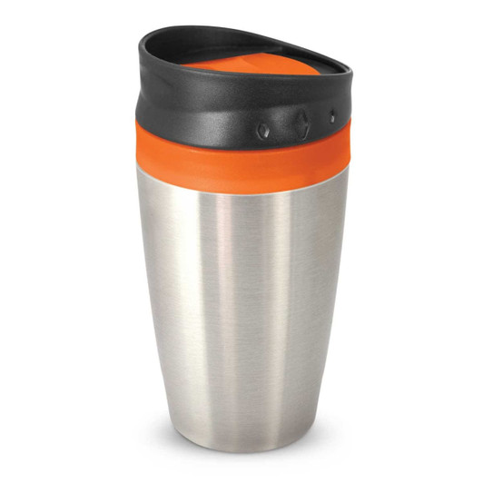A stainless steel coffee cup with an orange and black lid, featuring a sleek design and a brand logo.