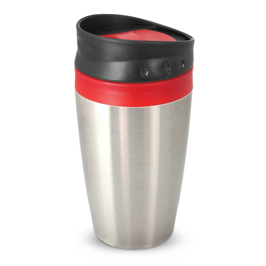A stainless steel coffee cup with a black and red lid, featuring a simple design and a logo on the side.