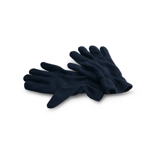 A pair of navy fleece gloves, featuring five fingers and a comfortable fit. They have a soft texture and a simple design.