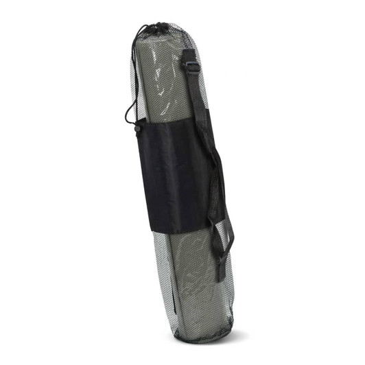A rolled-up Zen Yoga Mat is featured in a mesh carrying bag, showcasing its compact and portable design.