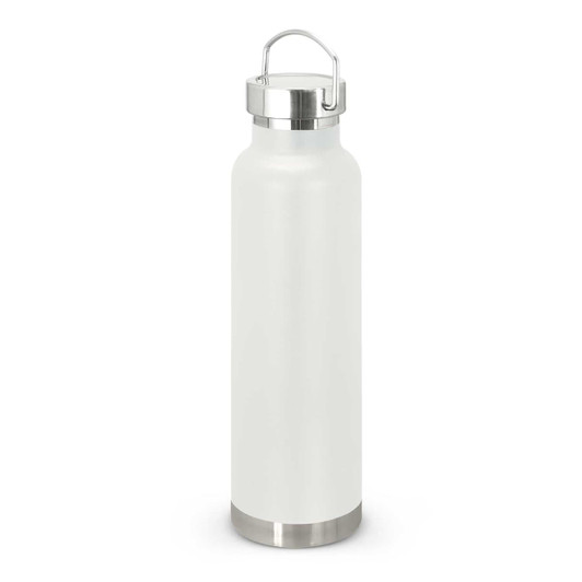 A drink bottle in a sleek white design with a stainless steel base and a metal handle on the cap.