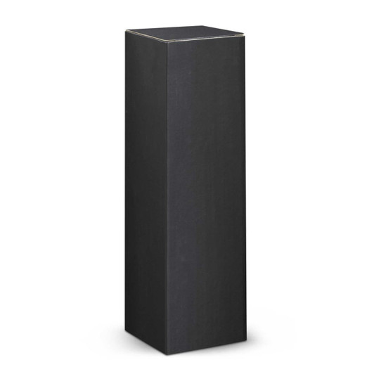 A sleek black box with a tall, rectangular shape, ideal for packaging or displaying items.