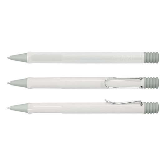 Three Lamy Safari pens in a mint green and white colour combination, featuring a sleek design and ribbed grip.