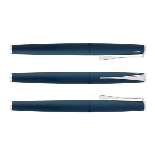 A blue metal rolling ball pen with a sleek design and silver accents, featuring a clip and branding.