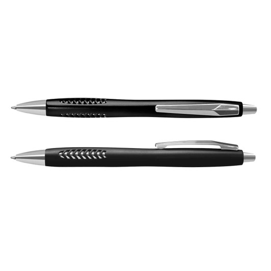 A black plastic pen set featuring a sleek design and silver accents, including a clip and textured grip.