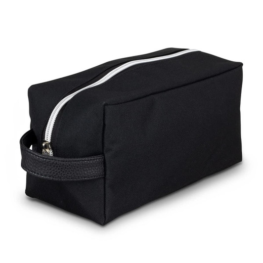 A black toiletry bag featuring a sturdy zipper and a side handle for easy carrying.