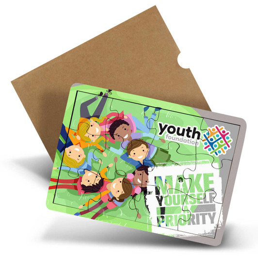 A wooden puzzle with 12 colourful pieces featuring illustrated children and a logo. Comes in a cardboard packaging.