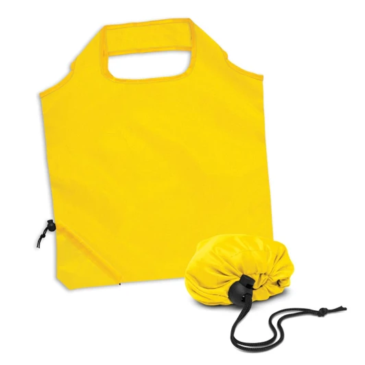 A yellow reusable grocery bag with a foldable design, accompanied by a matching pouch for storage.