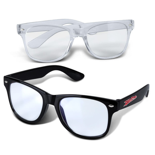 A pair of Malibu blue light glasses, featuring clear and black frames with mirrored lenses. Both have branding visible.