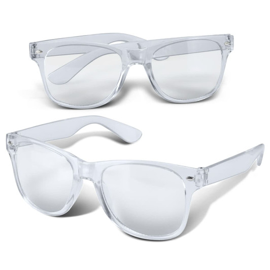 Clear blue light glasses with a stylish frame, featuring a logo on one side. Suitable for leisure and outdoor activities.