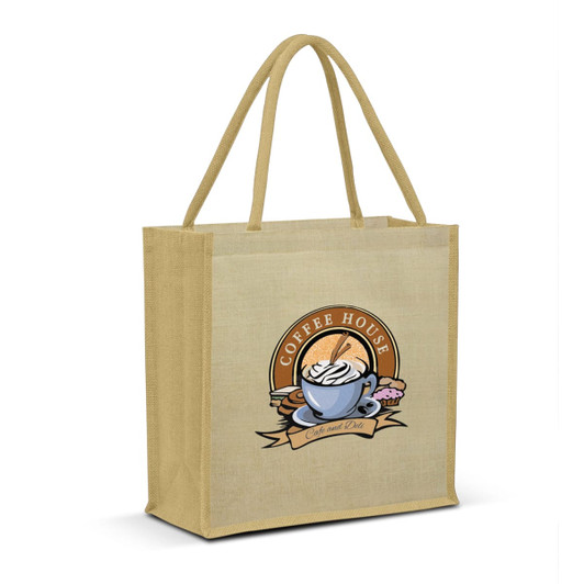 A yellow tote bag featuring a coffee cup design with desserts and a logo. The bag has two handles.