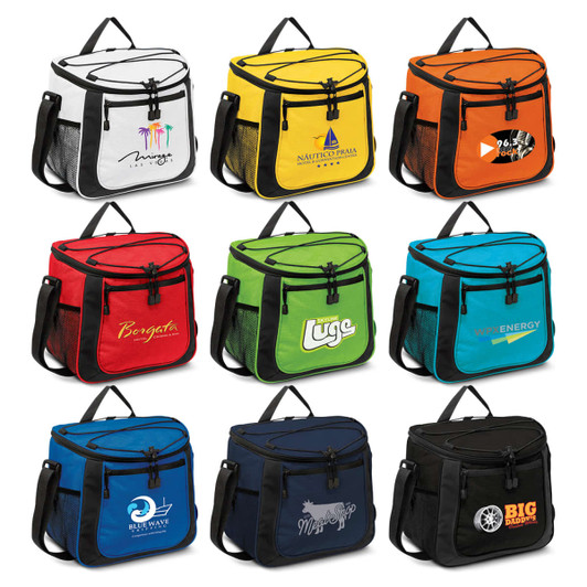 A collection of nine cooler bags in various colours including yellow, orange, red, green, and blue, each with distinct logos.