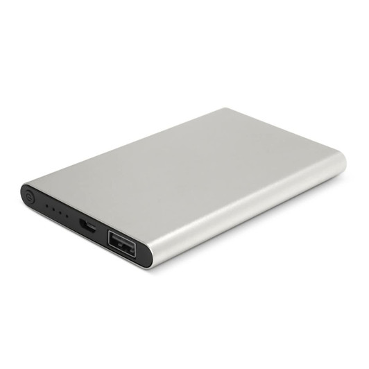 A silver power bank with a sleek design, featuring USB ports and an indicator light.