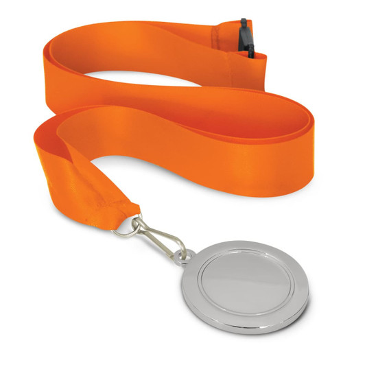 A podium medal featuring a 50mm silver medal attached to an orange ribbon.