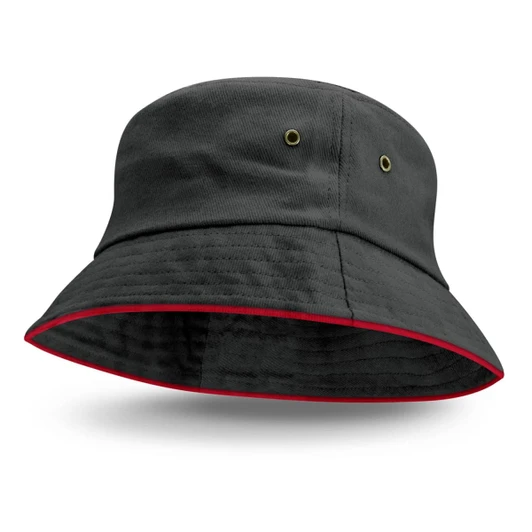 A black bucket hat featuring a coloured red sandwich trim and two ventilation eyelets.