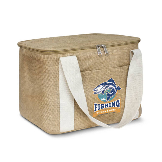 A tan cooler bag with a white zipper and handles, featuring a logo on the front.