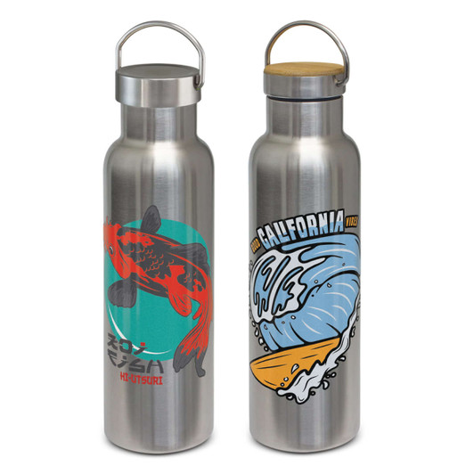 A drink bottle featuring a stainless steel design with a koi fish and wave graphic, and a bamboo lid.