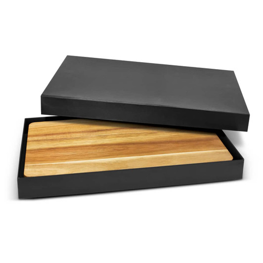 A wooden cheese board in a sleek black box, featuring a smooth, natural wood finish.