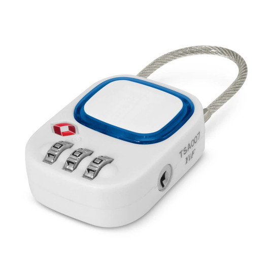 A white TSA lock with a blue button and a braided steel cable, featuring a combination dial and a small logo.