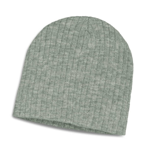 A green heather cable knit beanie with a ribbed texture and no visible branding.