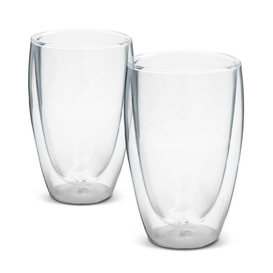 A double wall glass set featuring two clear glasses, designed with a sleek, modern shape.