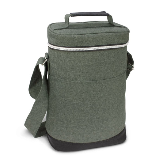 A drink bottle cooler bag in olive green with a zip closure, carry handle, and adjustable shoulder strap.