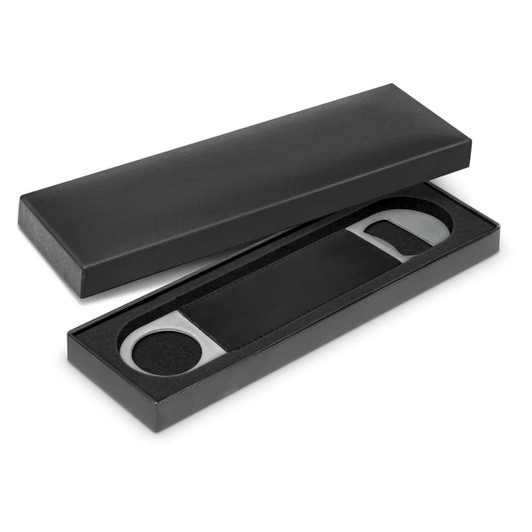 A drink bottle opener in a sleek black box, featuring a stylish metallic opener with a minimalist design.