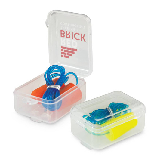 Foam earplugs in a transparent case, featuring orange, yellow, and blue colours. The case includes a logo.