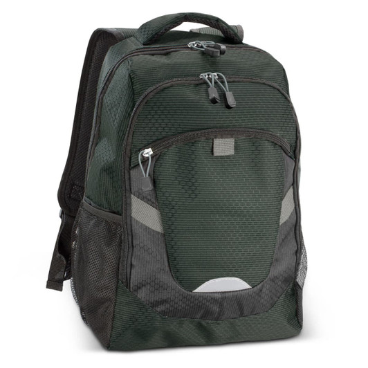 A green backpack with mesh side pockets, a textured design, and zippers at the front and main compartment.