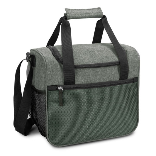 A green cooler bag with handles and a mesh pocket, featuring a zippered opening and a textured pattern.